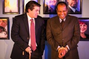 Sean Mirkovich as Richard, Duke of Gloucester, and Kelvyn Mitchell as his brother, George, Duke of Clarence, in Impact Theatre's Richard III. Photo by Cheshire Isaacs.