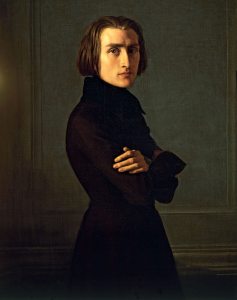 Gorgeous young Franz Liszt, seen here in an 1839 portrait by Henri Lehmann, inspired a frenzy in his young, usually female, fans, known at the time as