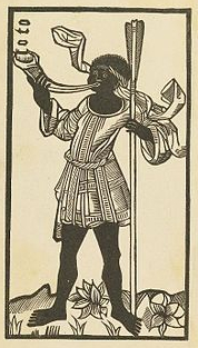 A black-and-white drawing of a Black man, barefoot and wearing a short white belted tunic, blowing on a musical instrument that looks like a shofar to me. He's carrying a tall staff and stands among flowers. He has a piece of cloth tied around his head that blows in the breeze around him. 