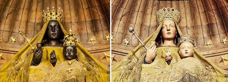 Left: The Virgin Mary holds the baby Jesus, who raises his hand in blessing. Both Mary and Jesus have Black skin and hair. Mary holds a scepter in her right hand, and both are wearing golden crowns and golden robes. Right: The same image, but both Mary and Jesus have been repainted to look like white people. 