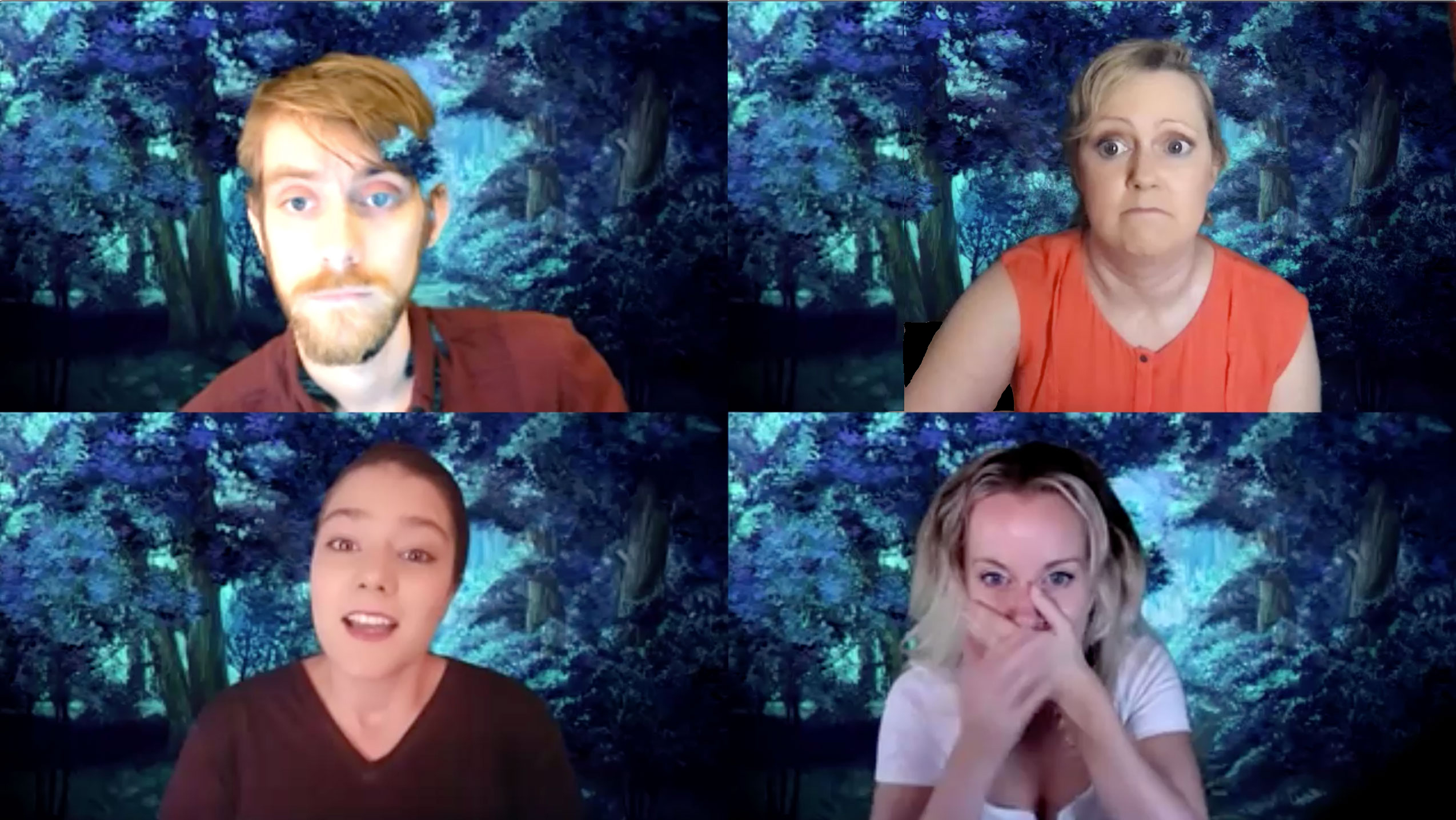 The actors appear in individual squares against a nighttime forest background.