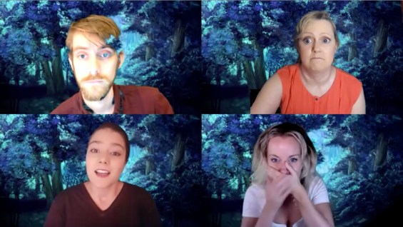 The actors appear in individual squares against a nighttime forest background.