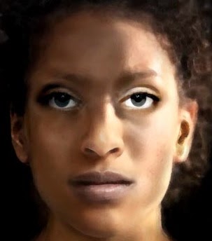 A painting of the face of a young Black woman facing outward. 