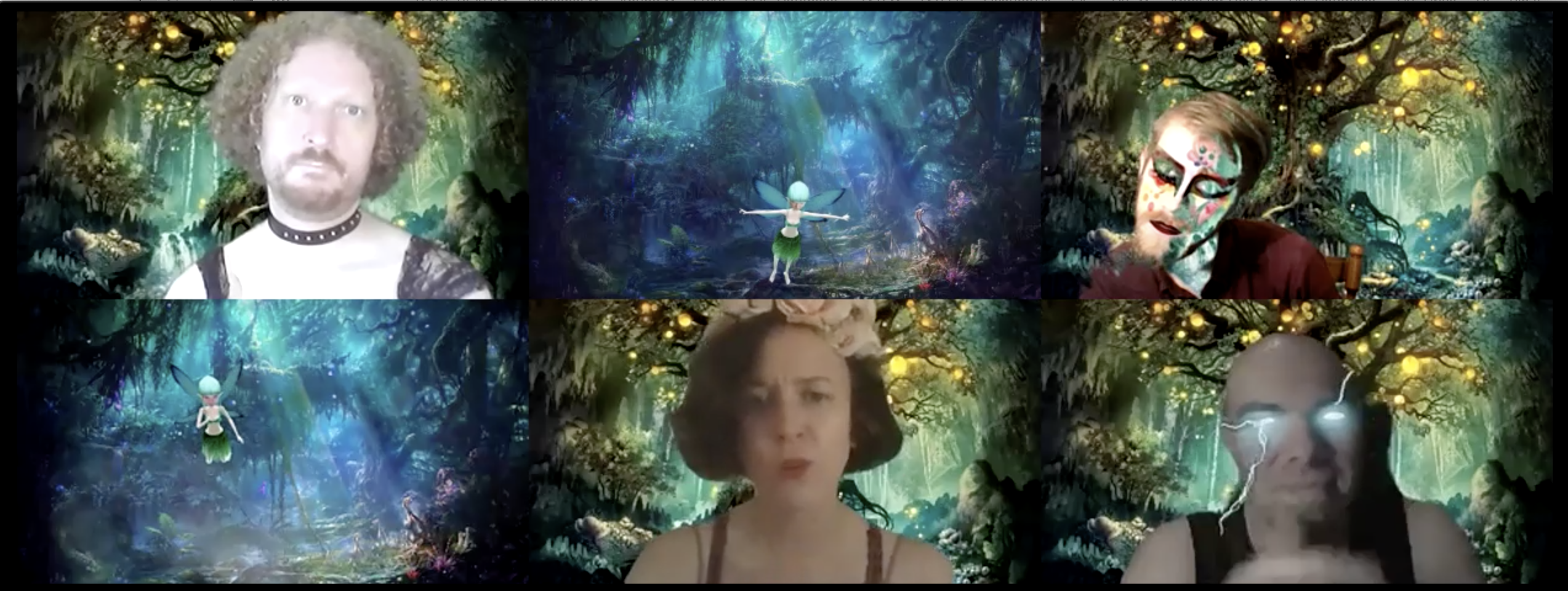 The actors appear in individual squares against a magical forest background. Puck is wearing a black lace shirt and Oberon has lightning shotting out of his eyes. Titania wears a flower crown. Two of the three minor fairies appear as tiny, flying fairies with the actors' faces. The third is human-sized with digital fairy makeup.