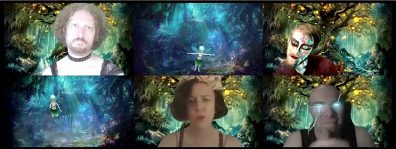 The actors appear in individual squares against a magical forest background. Puck is wearing a black lace shirt and Oberon has lightning shotting out of his eyes. Titania wears a flower crown. Two of the three minor fairies appear as tiny, flying fairies with the actors' faces. The third is human-sized with digital fairy makeup.