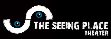 Pictured; the logo of The Seeing Place Theater, white lettering on a black background, accompanied by a white S-curve with a blue eye in both parts of the curve.