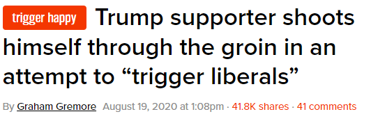 News article entitled,"Trump supporter shoots himself through the groin in an attempt to 'trigger liberals'"